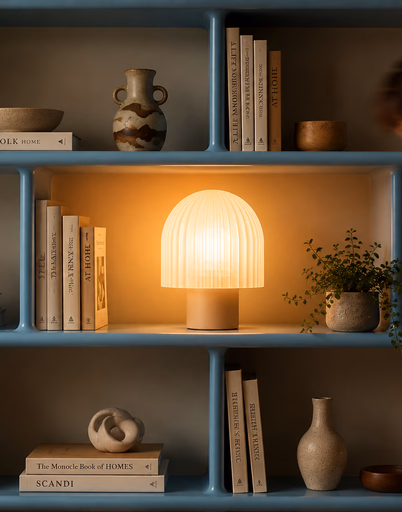 DOMEA table lamp glowing on a blue bookshelf