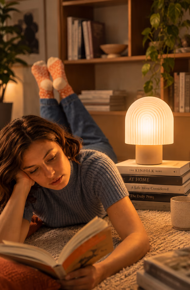 Woman reading on the floor by the warm glow of a DOMEA lamp